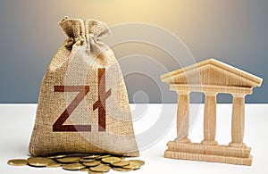 Polish zloty money bag and bank / government building. Budgeting, national financial system. Resource allocation. Support