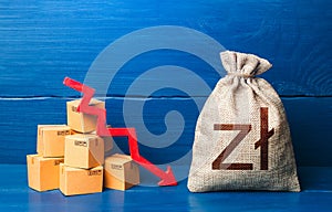 Polish zloty money bag with boxes and down arrow. Bad consumer sentiment and demand for goods. Income decrease, slowdown and