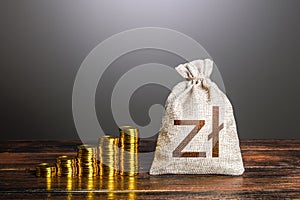 Polish zloty money bag and increasing stacks of coins. Savings. Rise in profits, budget fees. Investments. Financial success.