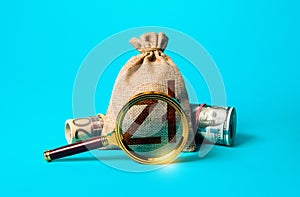 Polish zloty money bag and magnifying glass. Anti money laundering, tax evasion. Deposit or loan terms and conditions. Find