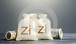 Polish zloty money bags and cash. Financial resources, grants, project financing. National gold and foreign exchange reserve.