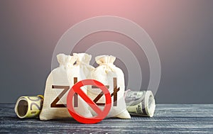 Polish zloty money bags and red prohibition symbol No. Sanctions. Economy crisis. Urgent stock market close. Freezing assets,