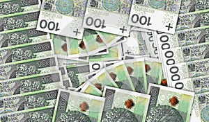 Polish Zloty PLN 100 banknotes in a fan mosaic pattern 3d illustration