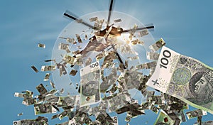 Polish Zloty PLN 100 banknotes helicopter money dropping 3d illustration