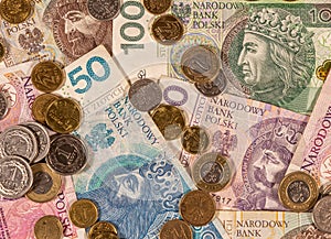Polish Zloty. PLN banknotes and coins. Poland, PL