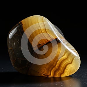 Polished agate stone with a glossy, smooth surface. It features a striking pattern of