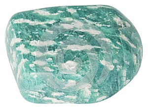 Polished amazonite pebble macro isolated