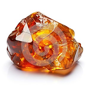 A polished amber nugget with a glossy finish and a rich honey color, set against a white background, Ai Generated