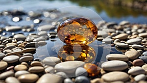 Amber Stone Reflection on Pebbles by Water