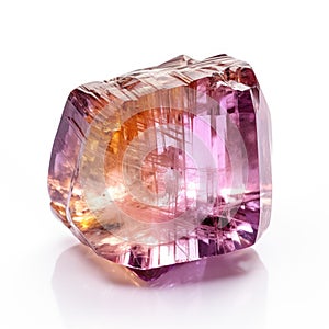 A polished ametrine nugget with dual hues of purple and yellow, set against a white background, Ai Generated photo