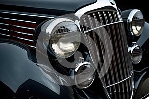 polished classic car headlights and grille