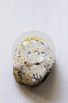 Polished dendrite opal gemstone on a white background