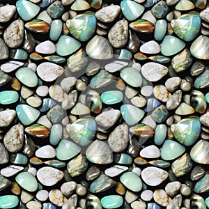 Polished gemstones seamless pattern. Tumbled rocks, pebbles repeating background