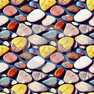 Polished gemstones seamless pattern. Tumbled rocks, pebbles repeating background