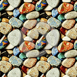 Polished gemstones seamless pattern. Tumbled rocks, pebbles repeating background