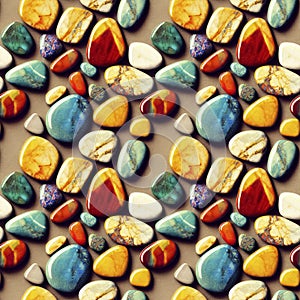 Polished gemstones seamless pattern. Tumbled rocks, pebbles repeating background