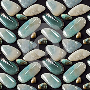 Polished gemstones seamless pattern. Tumbled rocks, pebbles repeating background