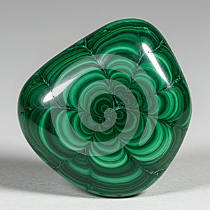 A polished green malachite stone with distinct concentric banding patterns in shades