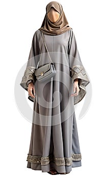 Stylish mannequin in grey abaya, beadwork, and matching hijab photo