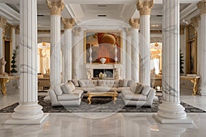 polished marble columns flanking a grand entrance into a luxury living room