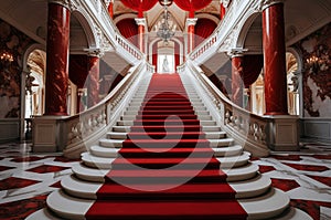 Polished Marble stairs red carpet indoor. Generate Ai