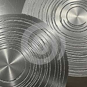 Polished metal surface featuring concentric circular patterns. The circles are