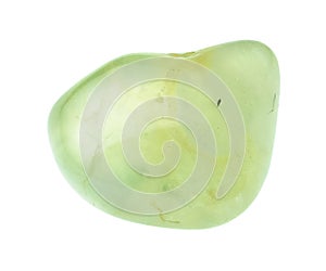 Polished prehnite gemstone cutout on white