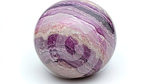 Polished purple sphere gemstone on white background, studio shot