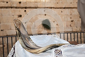 A polished ram's horn shofar by the Western Wall in Jerusalem
