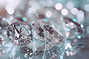 Polished sparkling diamonds scattered on a reflective surface. Precious diamonds stones. Generative AI