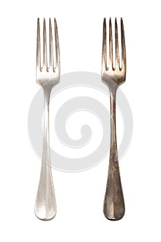 Polished and tarnished sterling silver fork handles