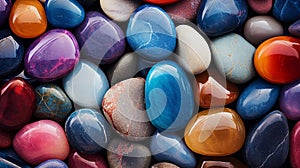 Polished tumbled gemstones seamless pattern. Rounded colorful pebbles.