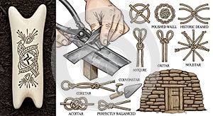 Polished Walll and Historic Deaned accompany abstract designs.