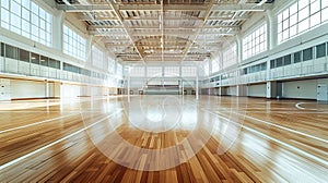 Polished wooden floor of an indoor volleyball court under bright lights. Gymnasium with net ready for a game. Concept of