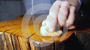 polishing a wooden stump with wood impregnation and shellac. cutting a wooden stump. woodworking concept. wood texture