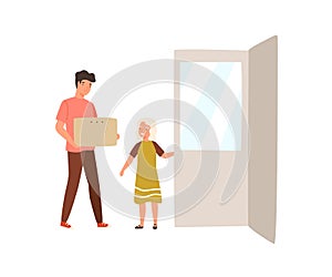 Polite child holding door for adult man carrying box. Courteous kid helping adult. Girl showing good manners, decency photo