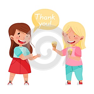 Polite Girl Expressing Gratitude to Her Agemate for Sharing Ice Cream Vector Illustration