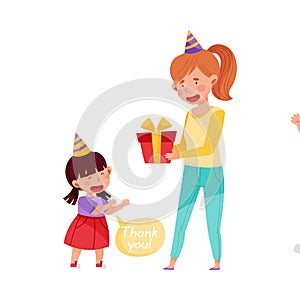 Polite Girl Expressing Gratitude to Woman for Gift Box Vector Illustration