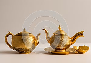 Golden teapot with blue floral pattern and long curved spout standing on white background photo