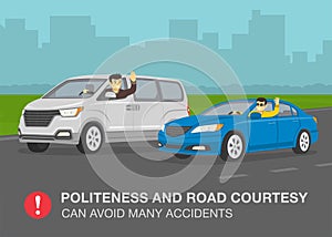 Politeness and road courtesy can avoid many accidents warning poster design.