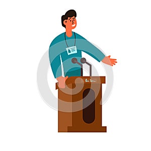 Politic man vector illustration election speech. Business person with public microphone communication. Speaker debate concept sign