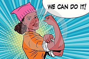 Political activist black woman we can do it. Pink cat hat photo