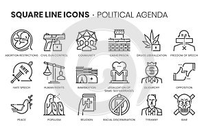 Political agenda related, square line vector icon set