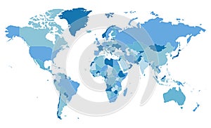 Political blank World Map vector illustration with different tones of blue for each country.