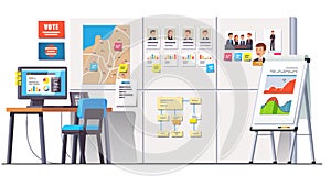 Political campaign office with data on whiteboard