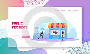 Political Conflict, Violence Riots Landing Page Template. Looters Breaking Store Showcase, Looting, Throw Stones in Shop