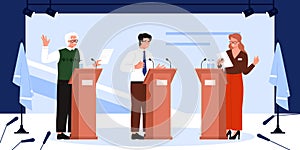 Political debates of leaders on podiums, politicians standing at rostrum with microphones