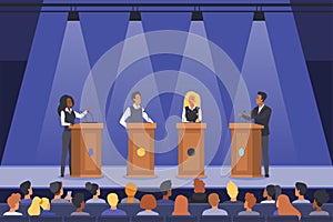 Political debates of speakers on podiums, politicians talking in front of audience
