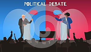 Political debates two politicians man and woman on the stage election campaign