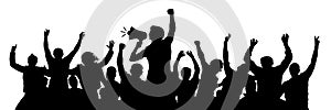 Political demonstration. Cheerful party man with speaker. Protest angry youth crowd. Riot silhouette vector